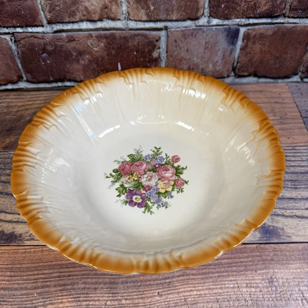 Vtg Homer Laughlin Serving Bowl‎ Rib Floral Burnt Orange Rim 9