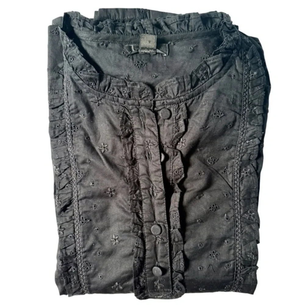 J.Crew Ruffle Eyelet Long Sleeve Shirt Black Cotton Small