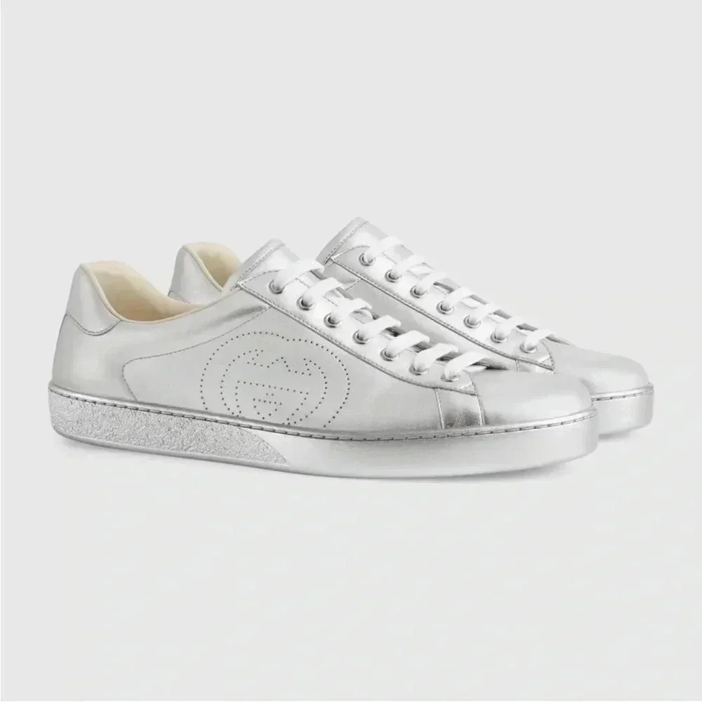 NIB Gucci Nappa Ace Metallic Silver GG Leather Sneaker Size G8.5, US9.5