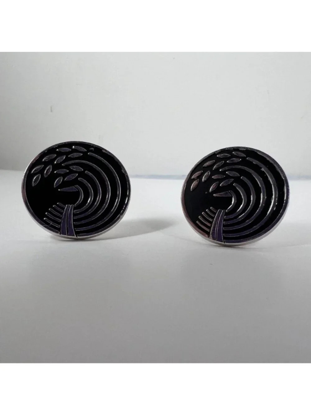 Vintage Swank Silver-Tone Black Enamel Round Cufflinks With Abstract Tree Design