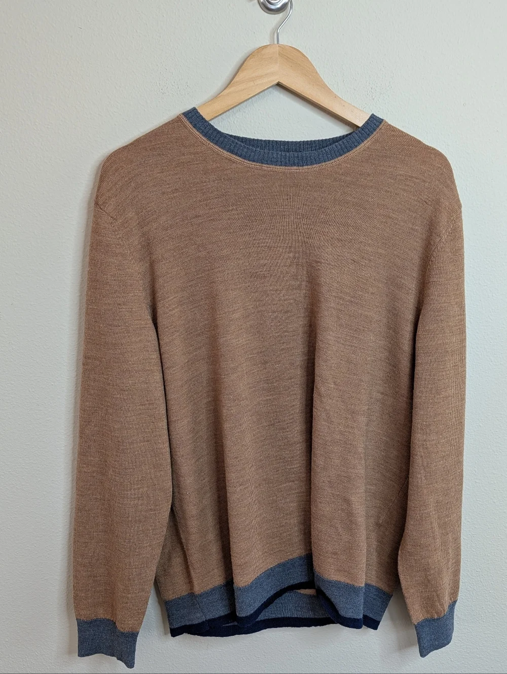 Tasso Elba Merino Wool Blend Crewneck Sweater XXL Camel Blue Stripe Colorblock