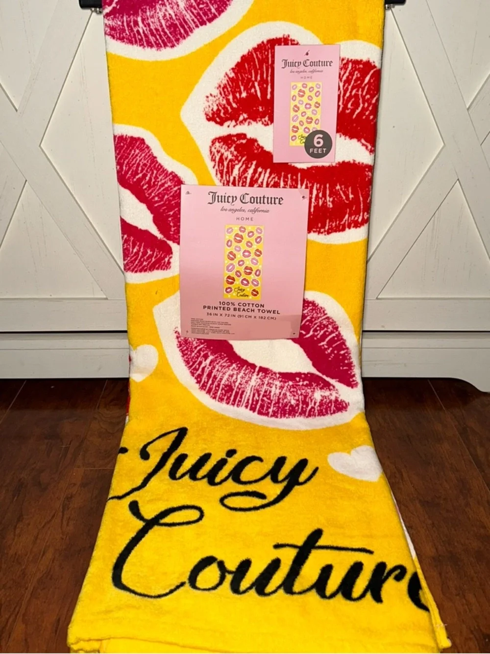 Juicy Couture Yellow Beach Towel with Red Lip Prints