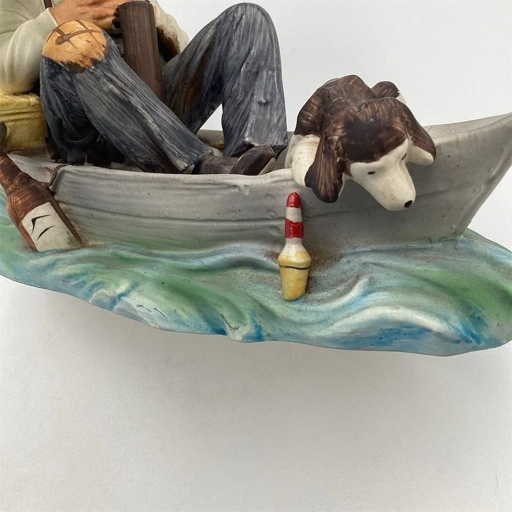 Vintage Ceramic Sleeping Fisherman with Dog‎ Figurine Nautical Decor