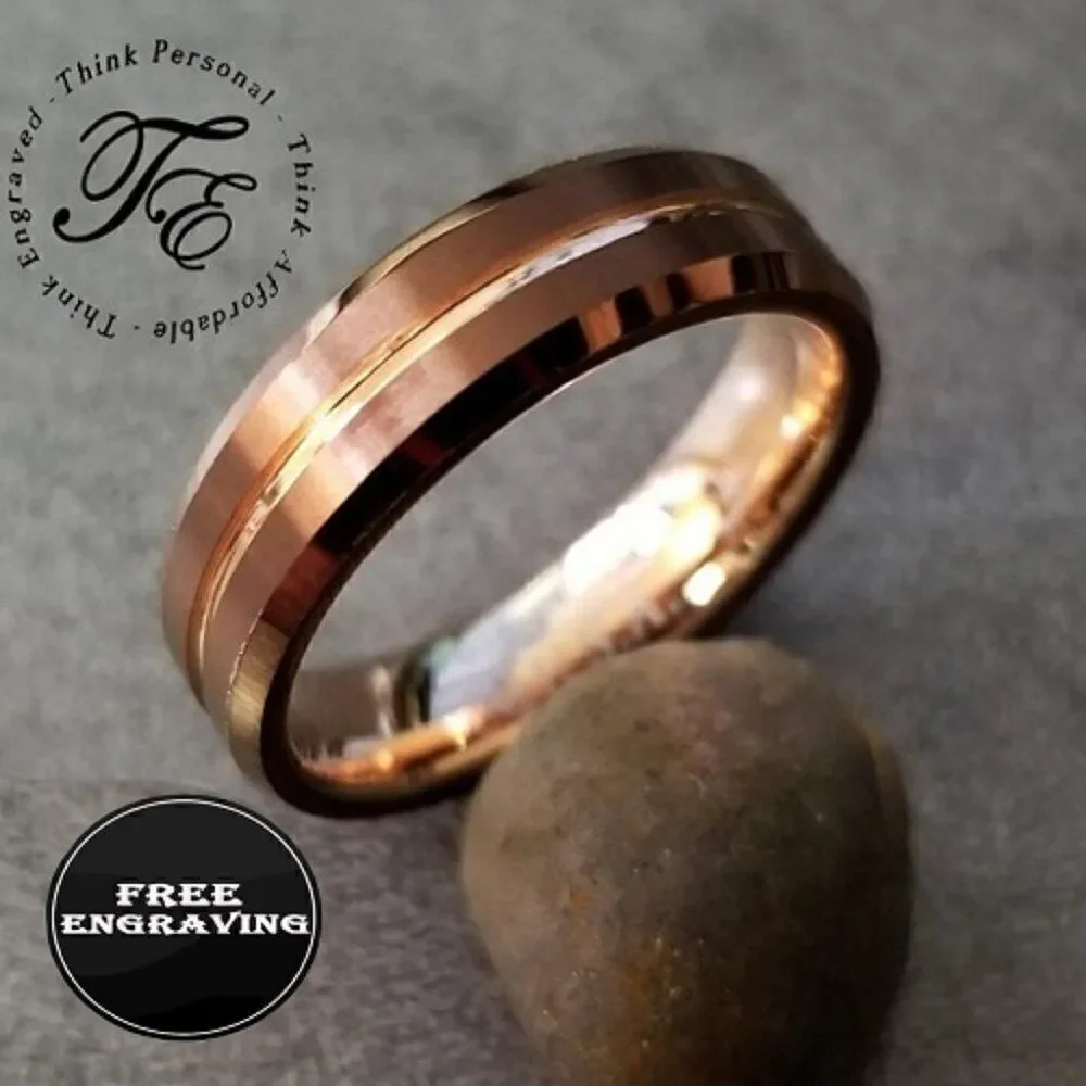 Engraved Men's Real Copper Brown Tungsten Wedding Ring - Rose Gold Center Groove