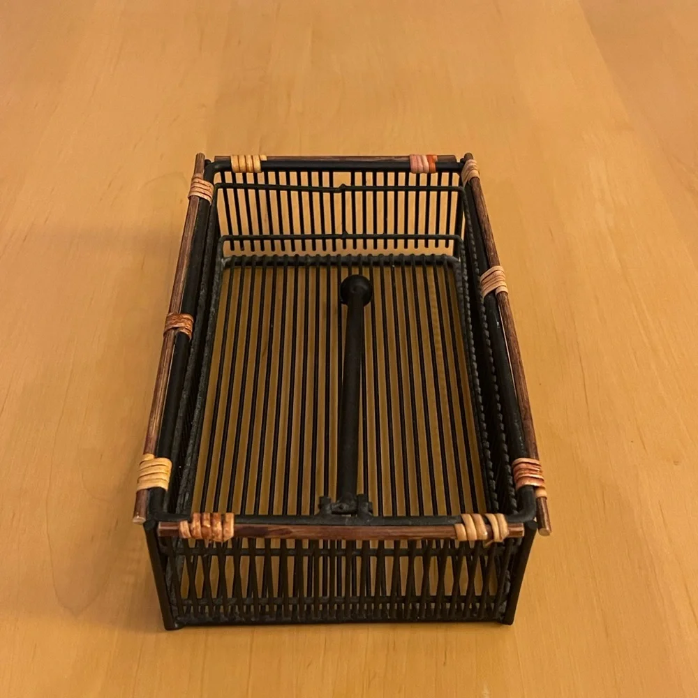 Rectangular Black Metal Basket with Bamboo Accents