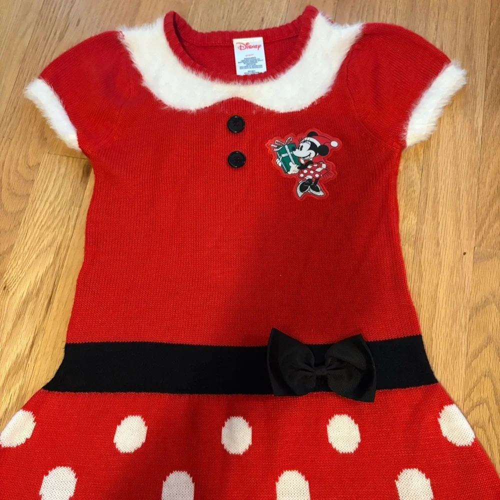 Disney Minnie Mouse Christmas Fuzzy Dress Sz Medium 7/8 Polka Dot Red Black