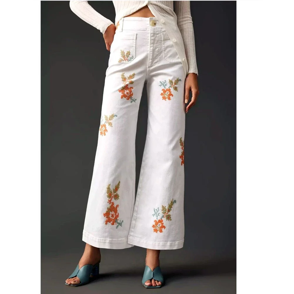 Maeve Anthropologie Colette Jeans 30 White Floral Embroidered Crop Wide Leg Boho