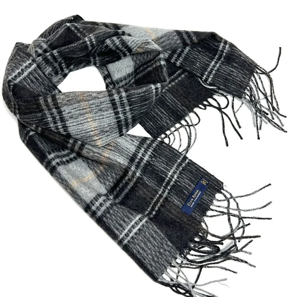 NWOT Club Room 100% Cashmere Plaid Gray Scarf 11,5x66