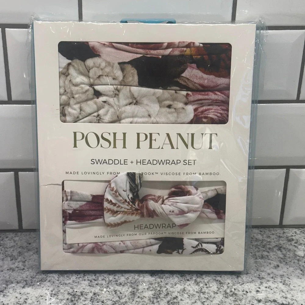 Posh Peanut Black Rose Swaddle and Headwrap Set Infant‎ Viscose Bamboo New