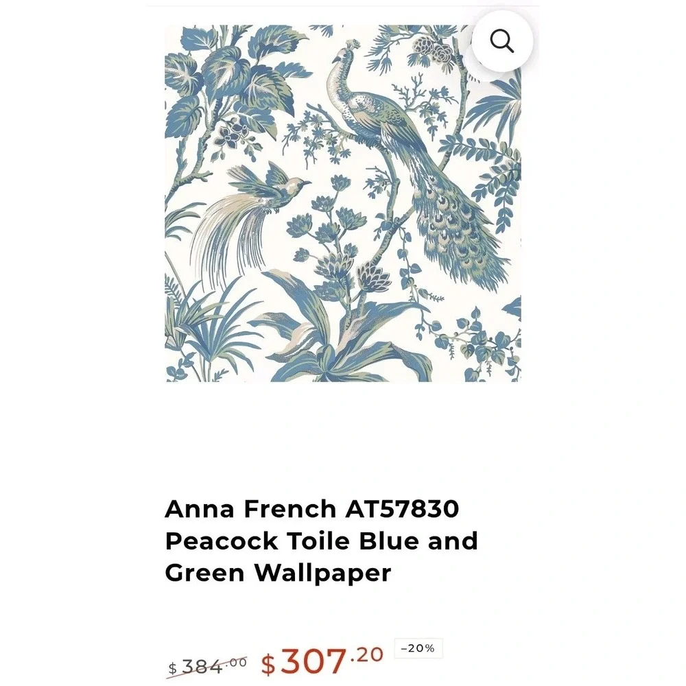 Anna French/Thibaut Blue Green White PEACOCK TOILE AT57830 Double Roll SEALED