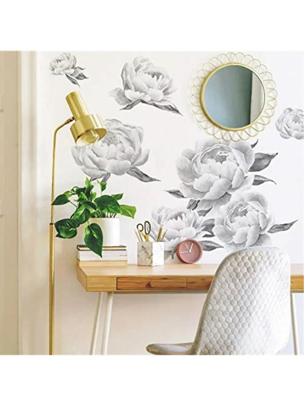 Floral Wall Decals Peel Stick Black White Peonies Removable Vinyl Decor