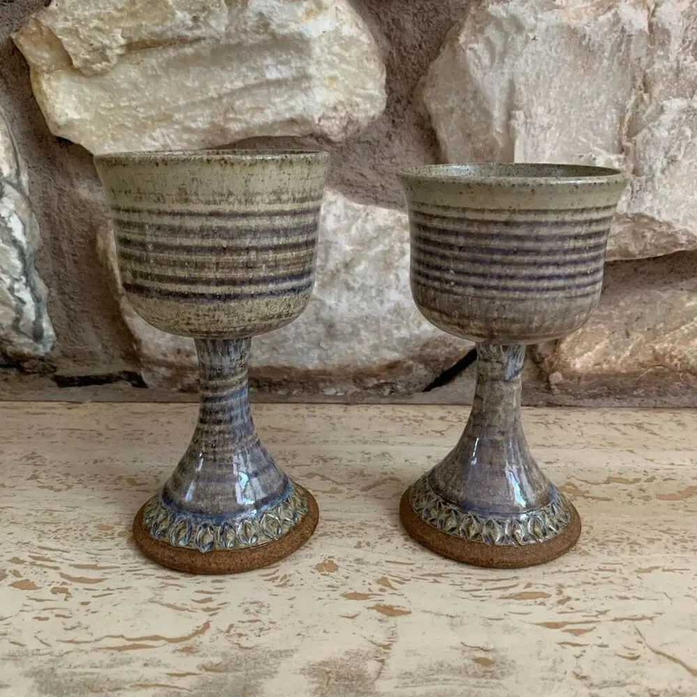 Set of two pottery goblets with purple & blue  drippy glaze.