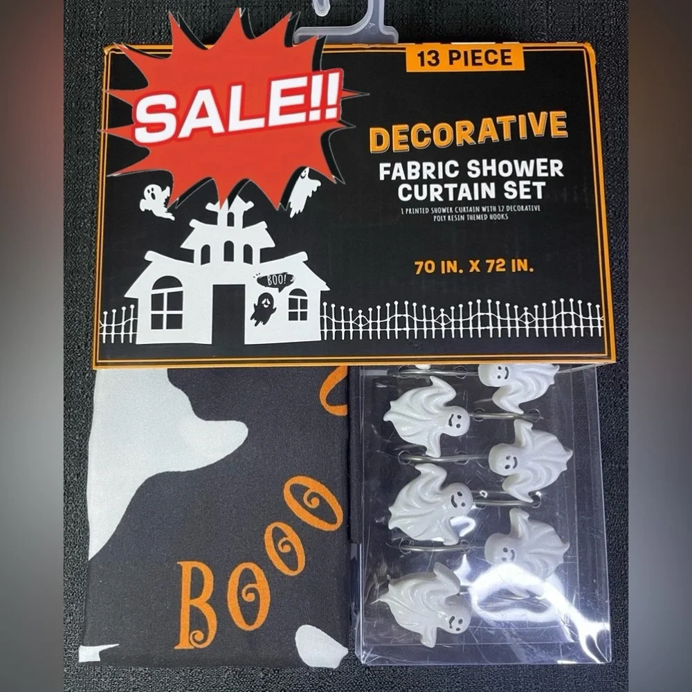 13-pc Halloween Fabric Shower Curtain Set w/12 Ghost Hooks Black White NEW NWT