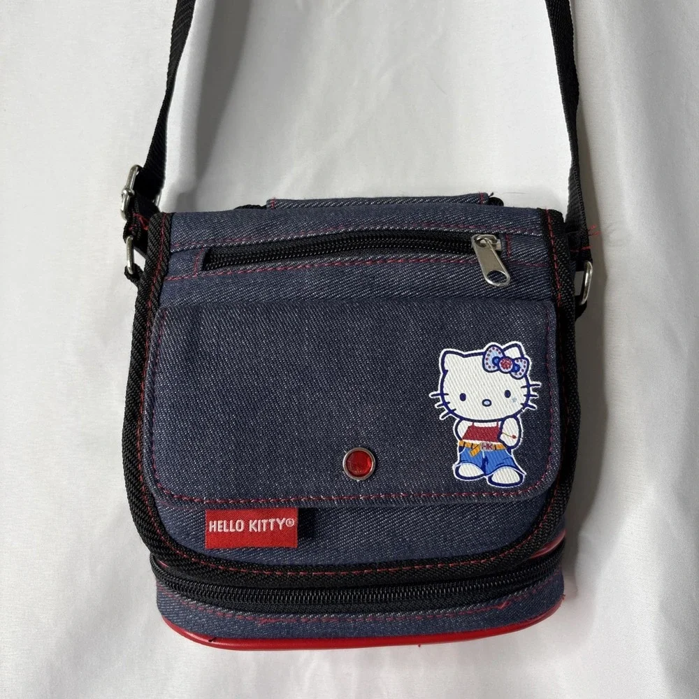 Vtg Y2K 2002 Sanrio Hello‎ Kitty Denim Blue Red Crossbody Bag Purse 7.5x7