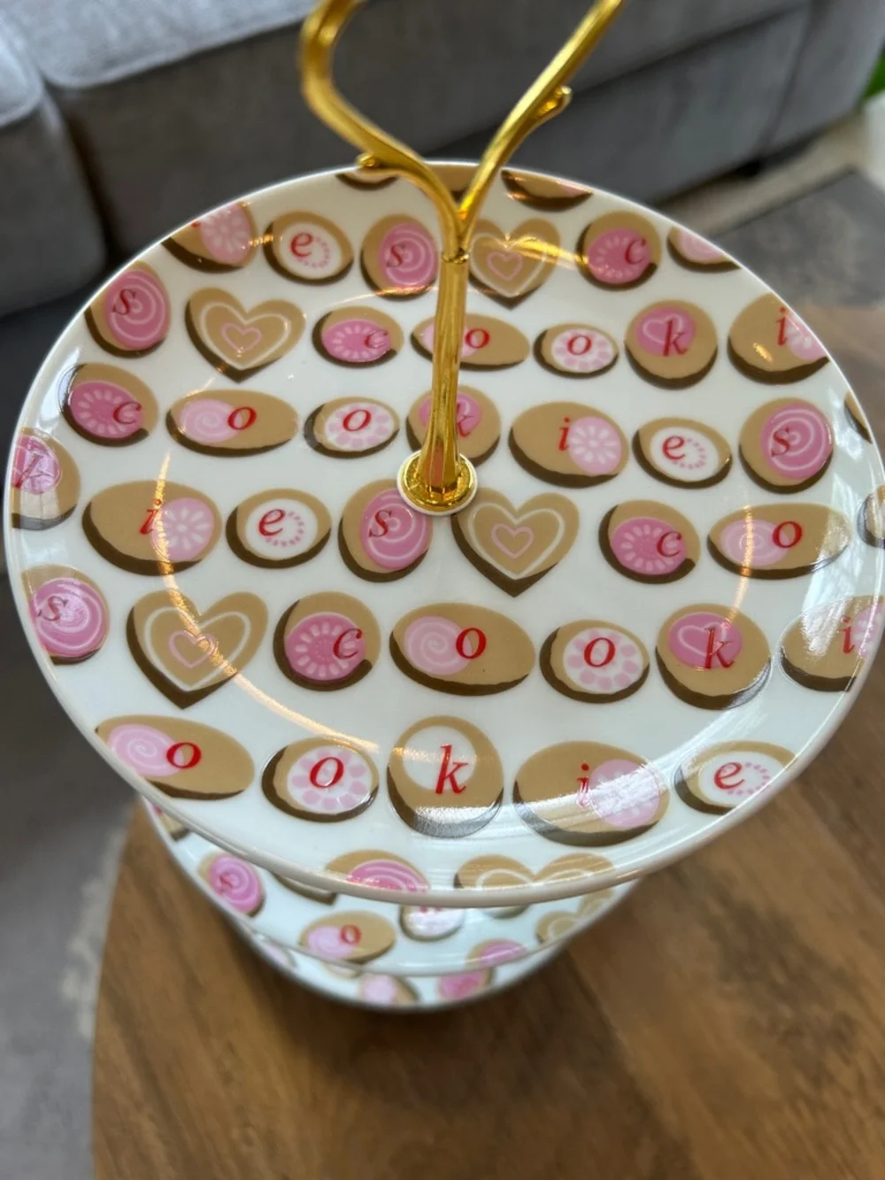 Three-Tier Porcelain Dessert Stand with Pink and Gold Cookie Design
