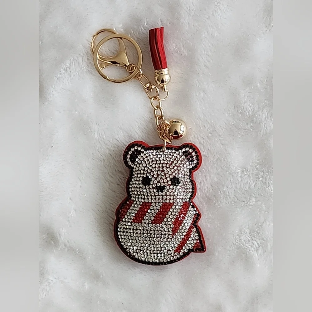 Cute Festive Christmas Bear Rhinestone Keychain with Red Tassel Bag Charm