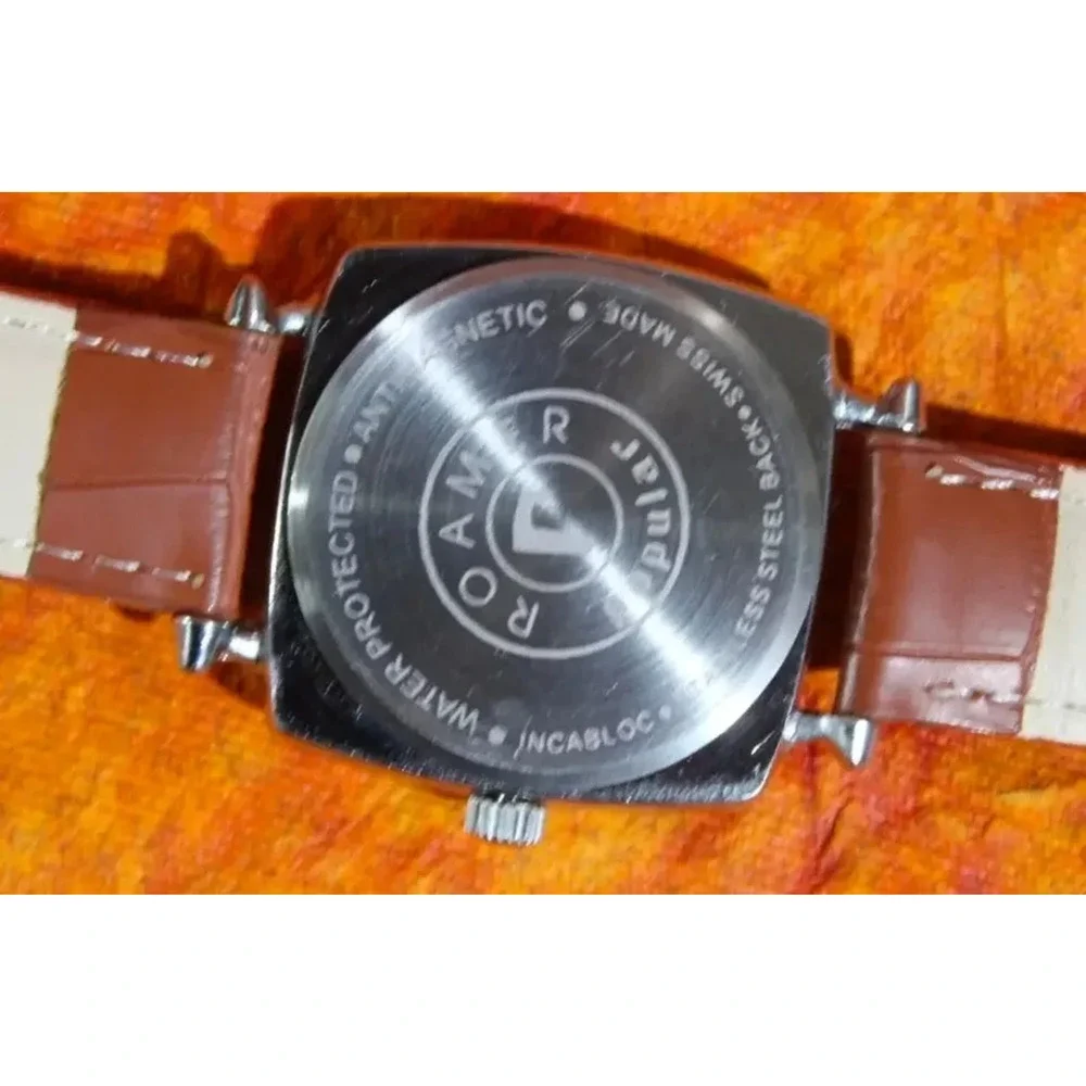 Vintage 1977 Roamer Manual Mens Silver Watch W/Leather Strap & White accents