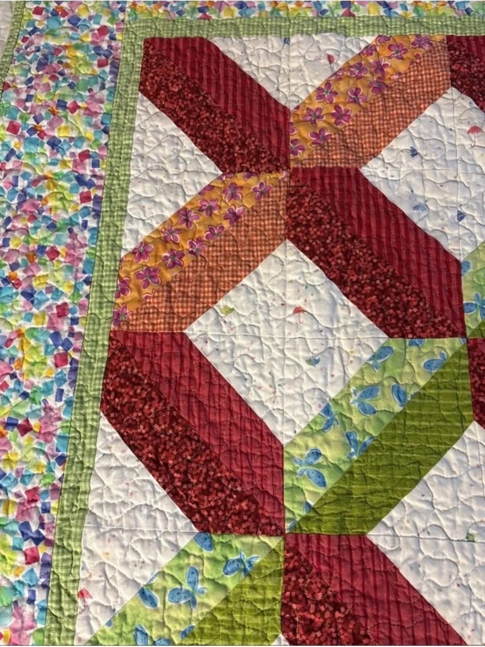 Vintage 1960’s  Handmade Quilt Triangle Diamond Quilt  55” X 44”