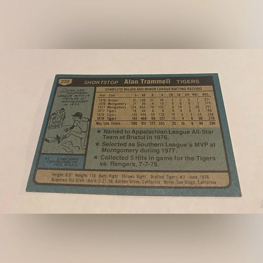 1980 Topps Baseball Card alan trammell