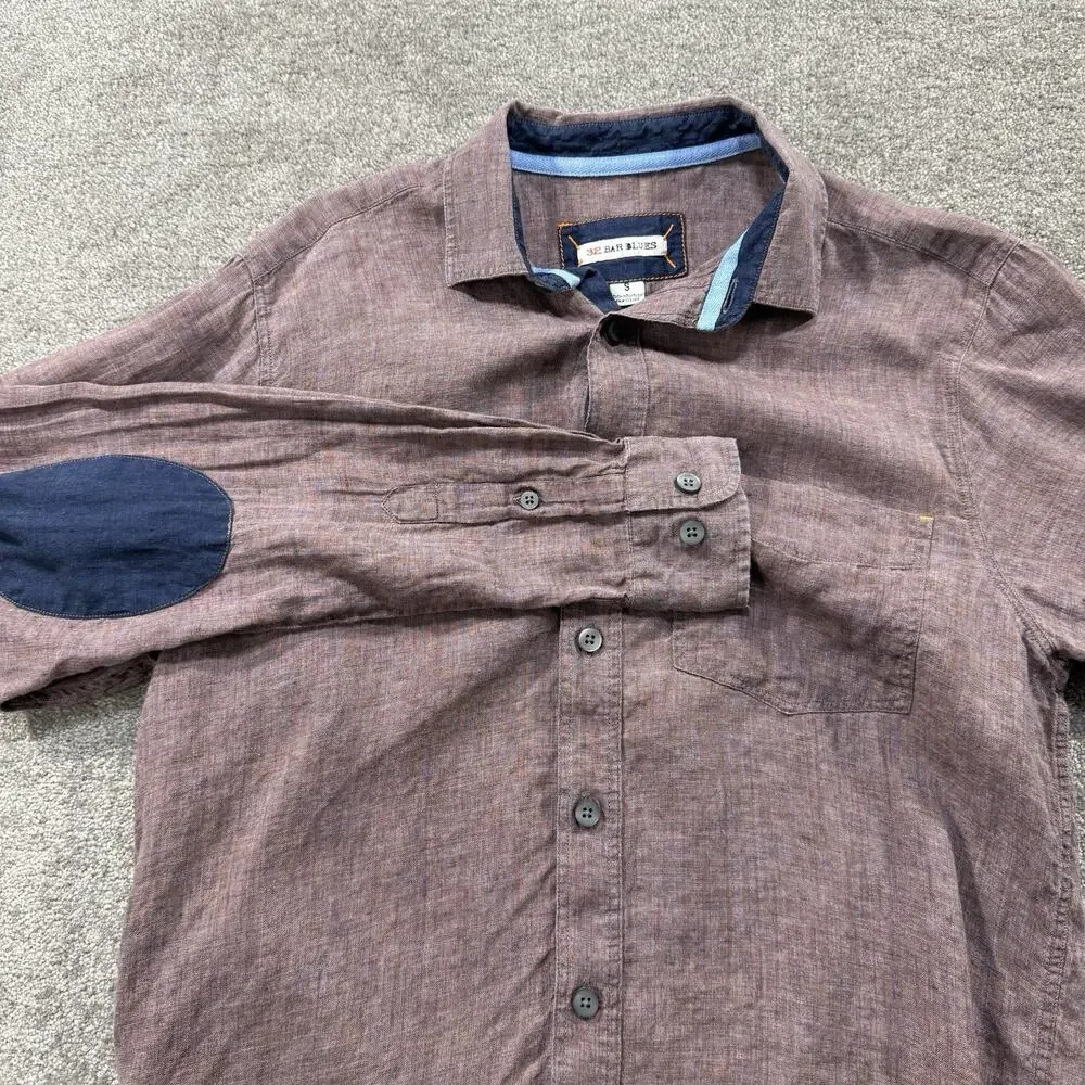32 Bar Blues Linen Button Shirt S‎ Wine/Burgundy Long Sleeve Elbow Patch Casual