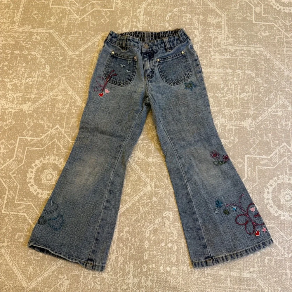 Vintage Old Navy Girls‎ Jeans Size 5 Denim Flare Embroidered Flowers Hearts Kids