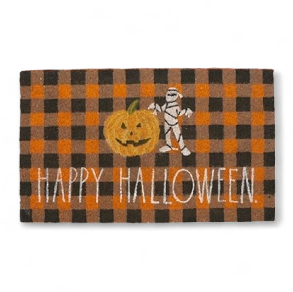 Rae Dunn Halloween Checkered Coir Doormat Orange and Black‎ Mummy Pumpkin