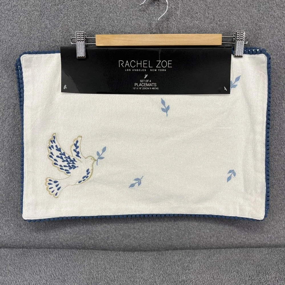 Rachel Zoe placemats Set of 4 Embroidered Dove‎ Peace 13 x 19 silver sparkle