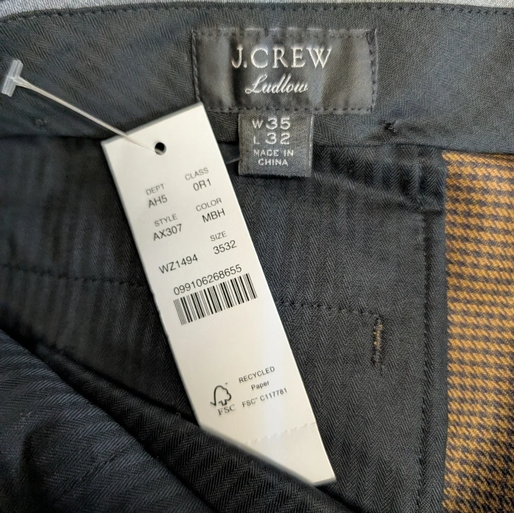 J.Crew Ludlow Slim Suit Pants Brown Houndstooth 35x32 NWT