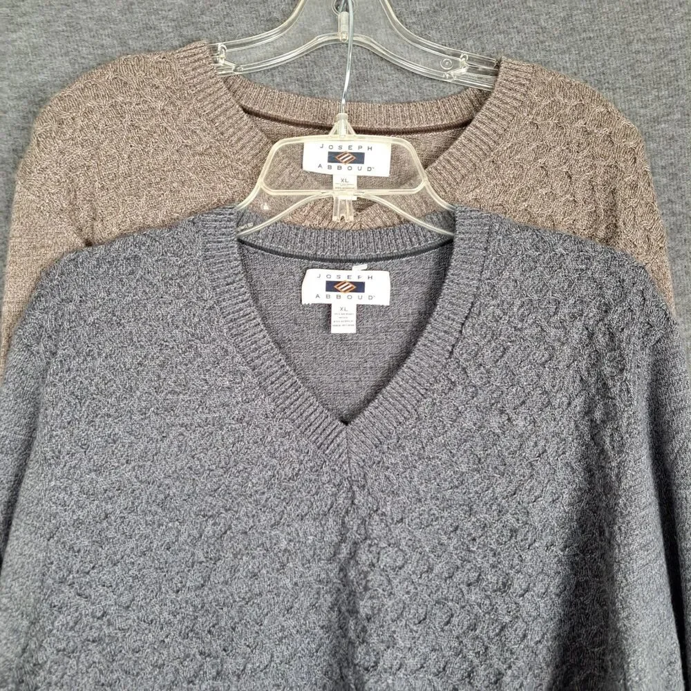 Joseph Abboud Merino Wool Blend V-Neck Sweater XL Gray & Brown Lot of 2