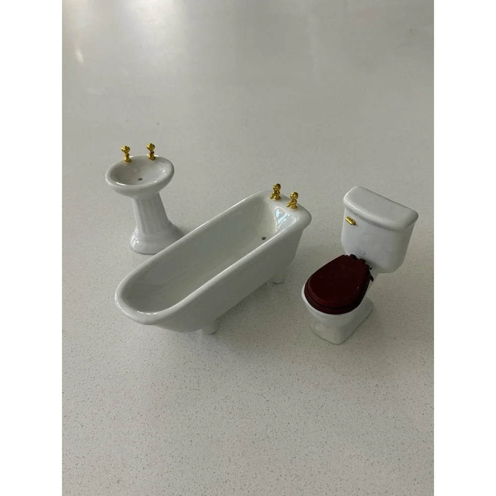 Miniature Dollhouse 1:12 Scale - Bathroom Set White‎ Gold Fixtures T5013