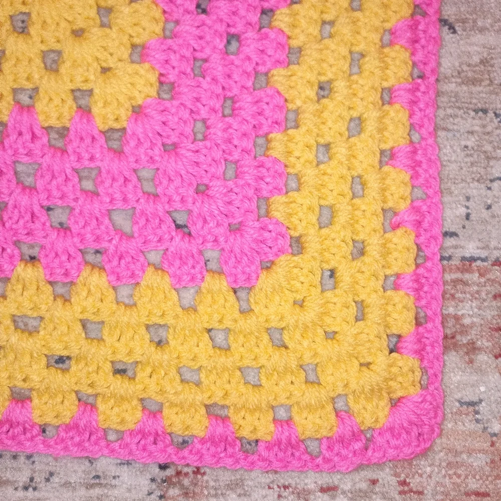 Granny Square Hand Made Crochet Hot Pink yellow Small Lap Blanket