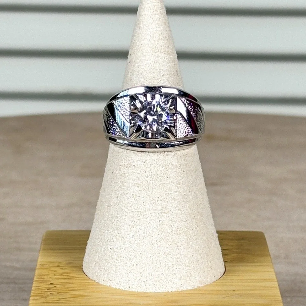 Vintage Art Deco Silver 14K HGE Cubic Zirconia Mens Statement Ring Size 7.5