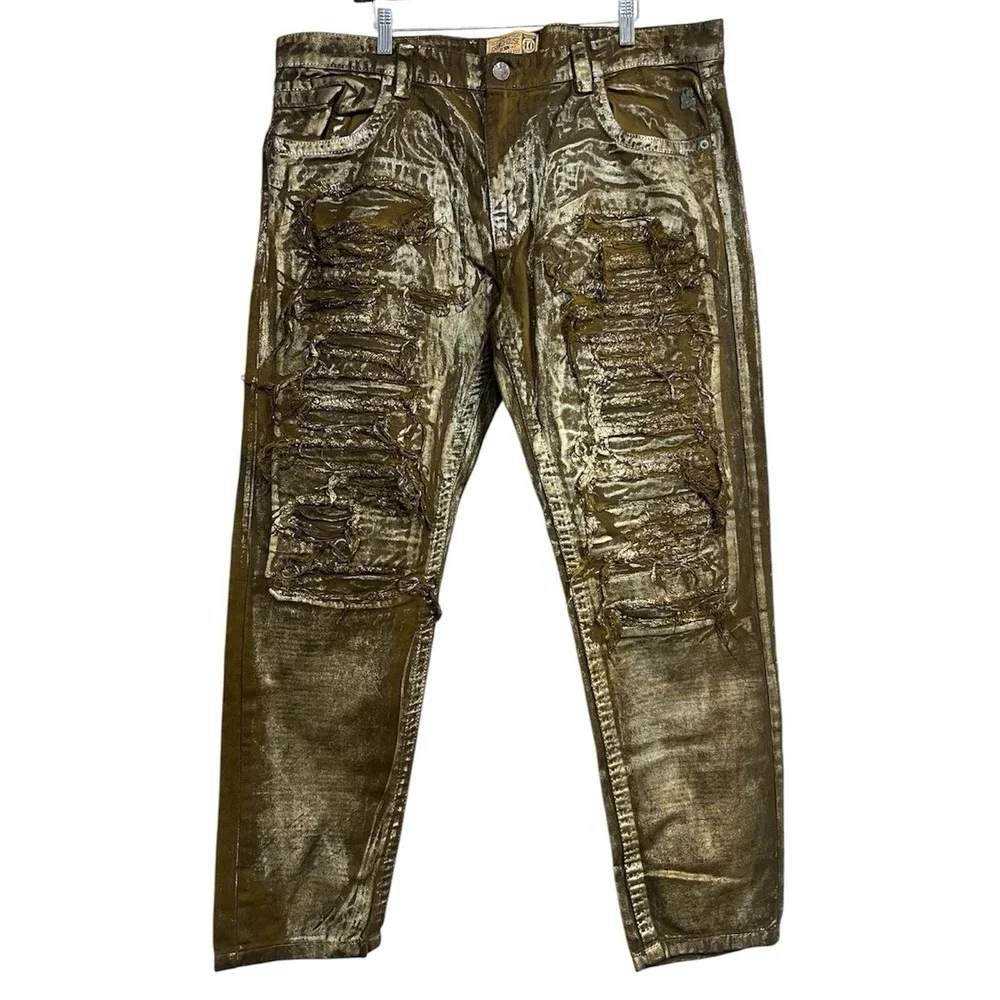 Grindhouse Jeans Gold Metallic‎ Sz 40 Thrashed Biker Moto Grunge Y2K Streetwear