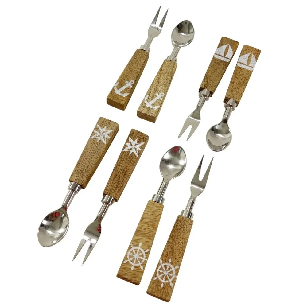 Vintage Fork and‎ Spoon Set Cocktail Appetizer Wood Handle Nautical Design 8 Pc
