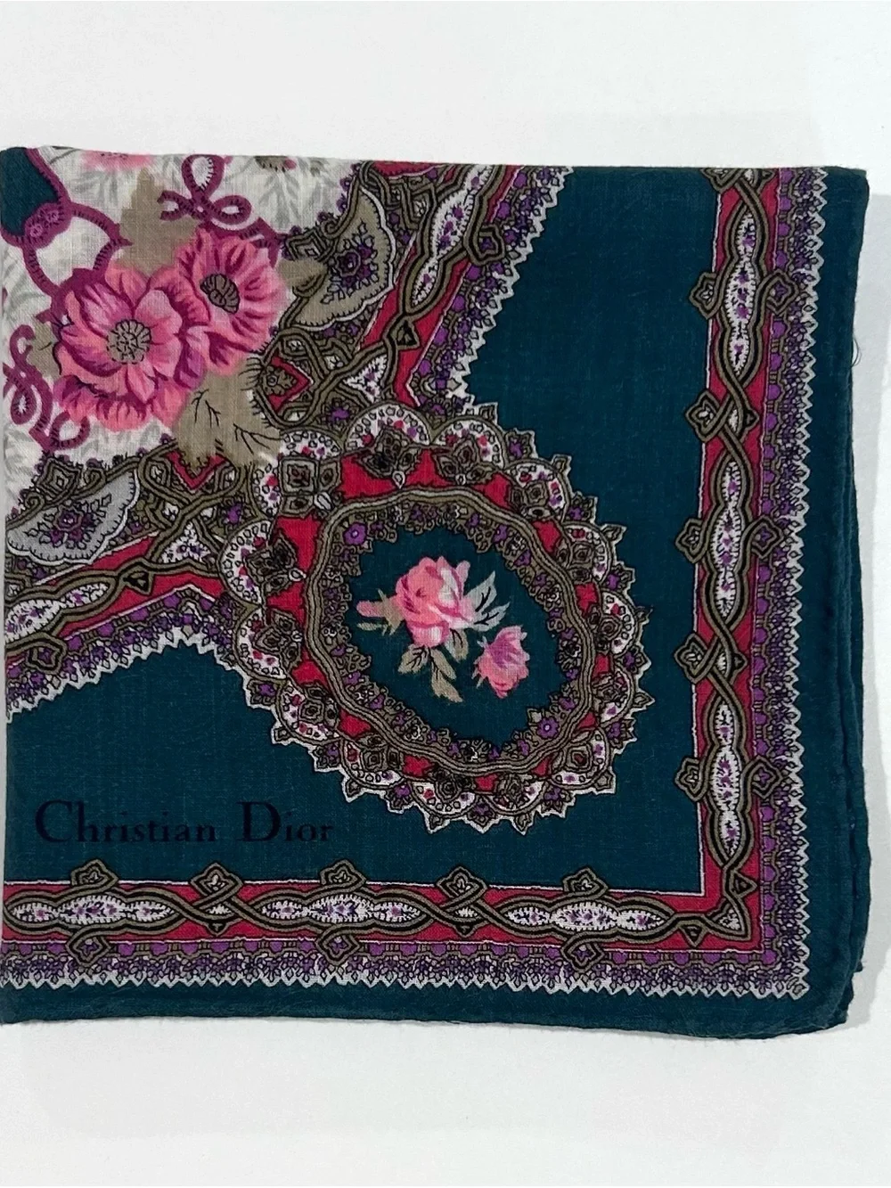 WOMEN HANDKERCHIEF CHRISTIAN DIOR Floral Green Pink Bandana Scarf COTTON 20”