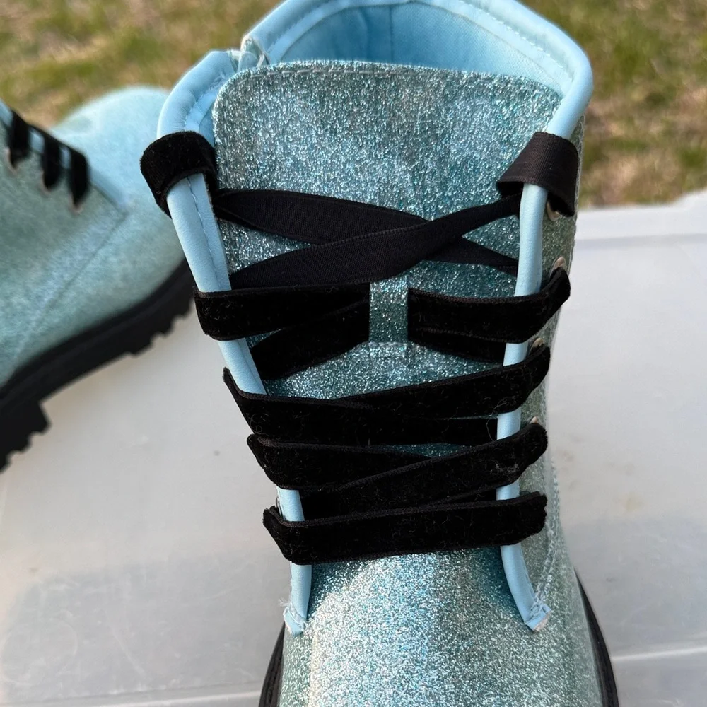 Sparkly Blue Kids Boots with Black Laces