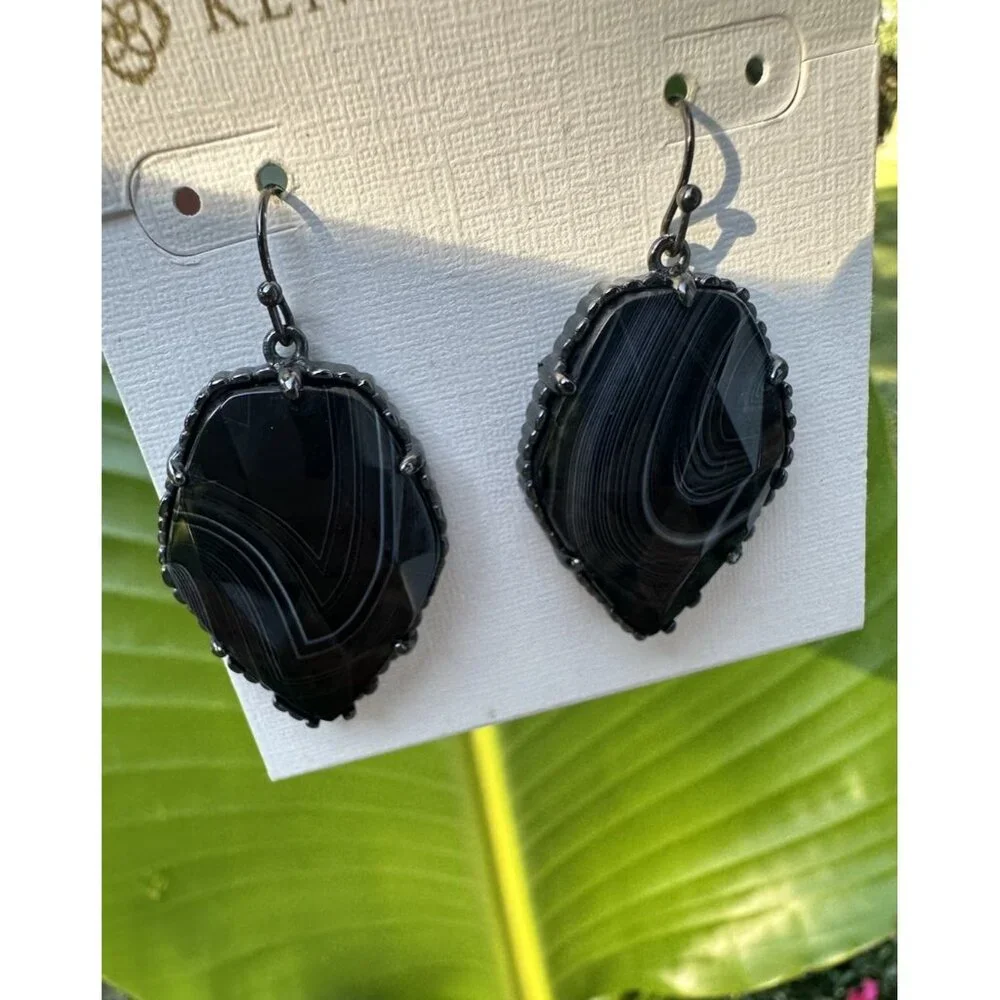 Kendra Scott Corley Earrings Black Banded Agate Gunmetal Dangle Drop‎