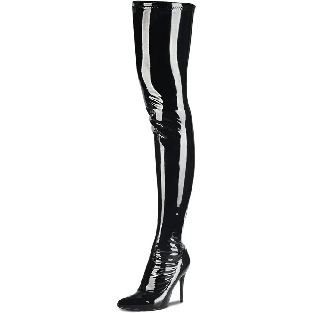 Women Black Patent pu Side Zipper Stiletto High Heel Over The Knee Comfy Boots