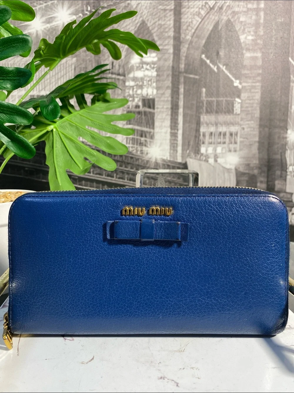 Authentic Miu Miu Royal Blue Leather Bow Long Wallet