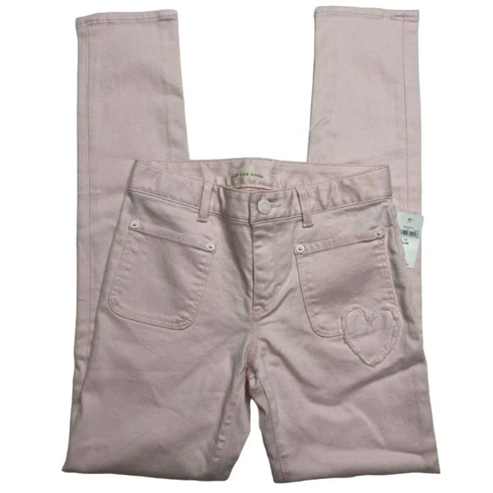 Girls Light Pink Denin Jeans Hearts Adjustable Waist‎ Super Skinny 12 Slim NEW