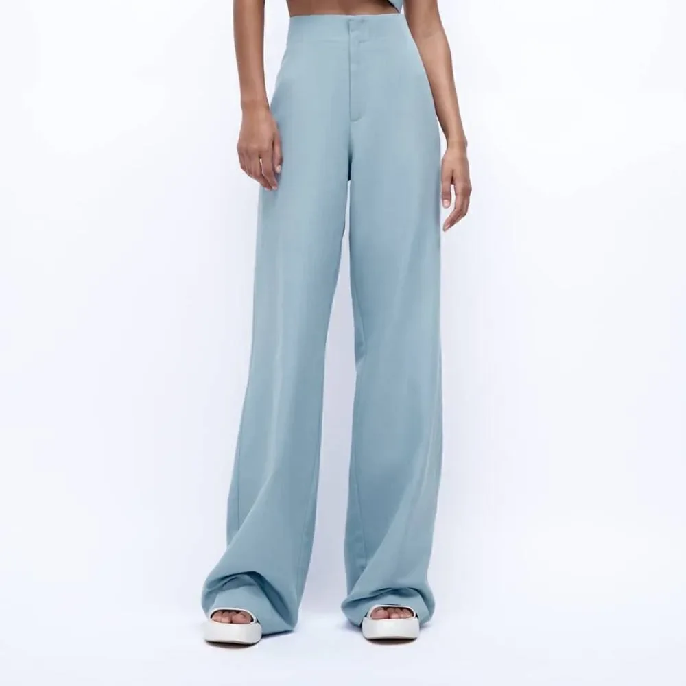 FULL LENGTH LINEN BLEND PANTS MID-BLUE NEW