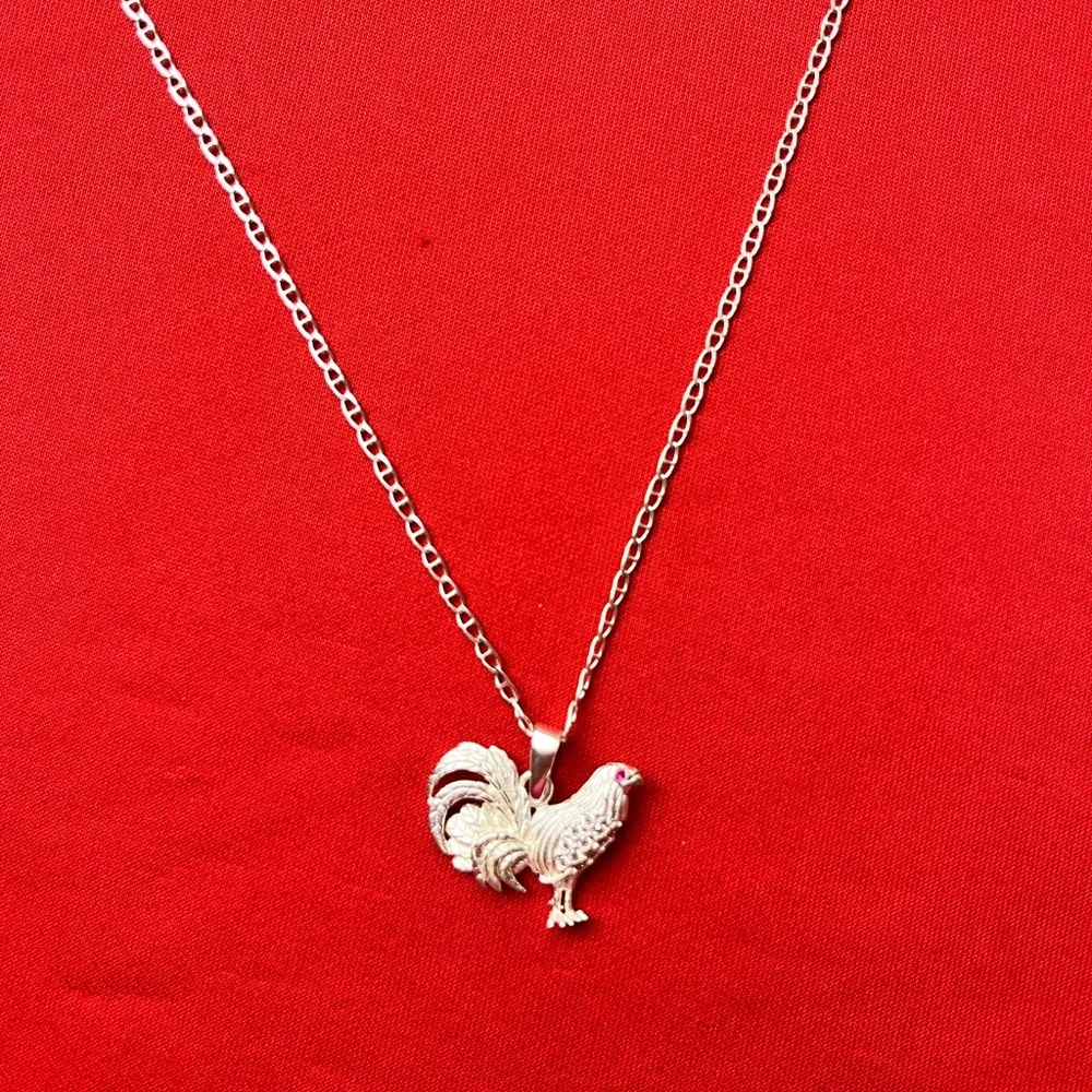 925 Sterling Silver Rooster Charm‎ Pendant Cubic zircon and chain necklace
