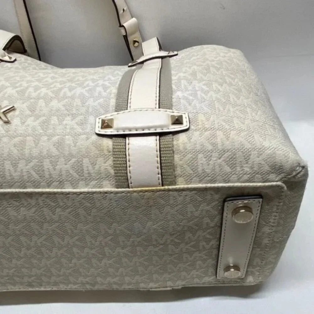 Michael Kors Griffin Large Logo Tote Natural Jacqard Canvas Leather Trim GUC‎