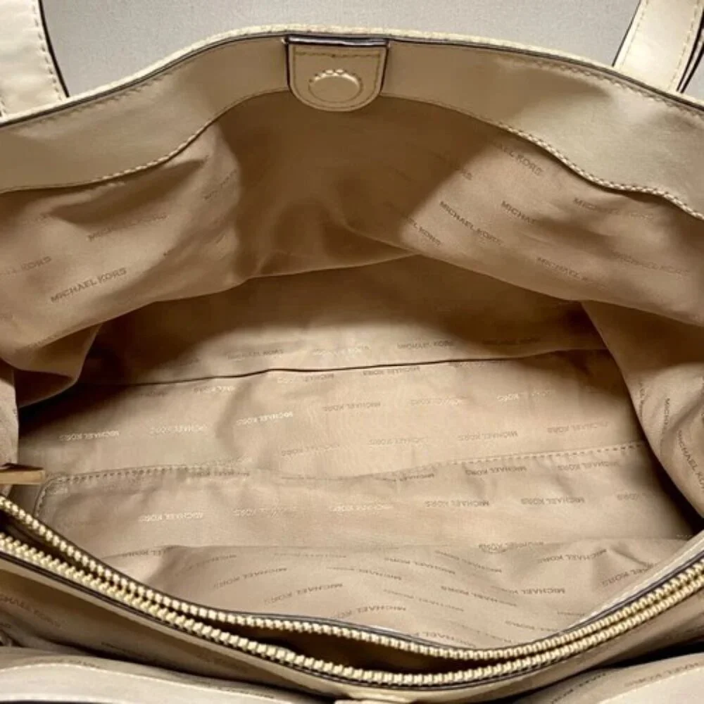 Michael Kors Griffin Large Logo Tote Natural Jacqard Canvas Leather Trim GUC‎