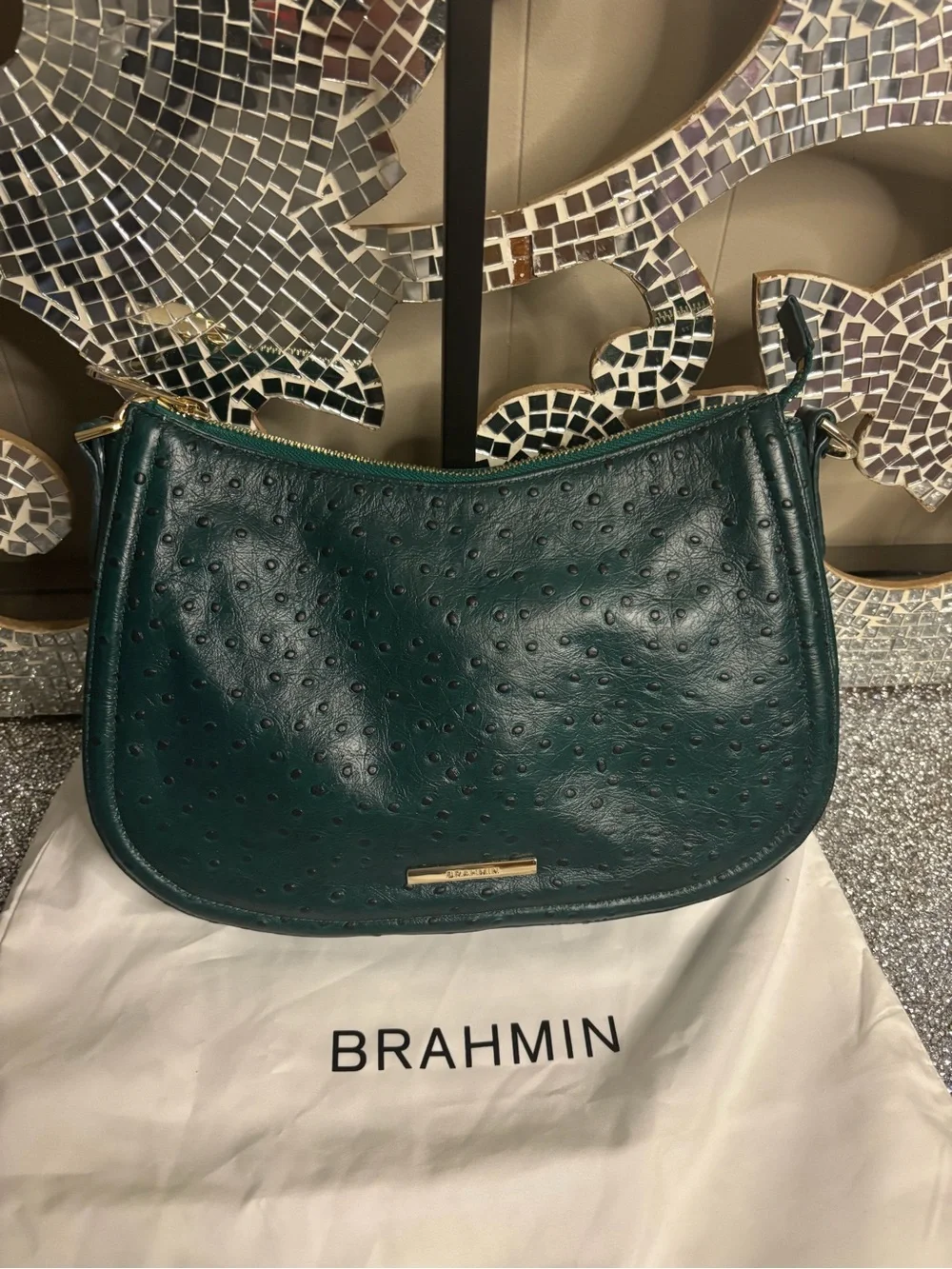 ⭐️Brahmin Dark Teal Ostrich-Embossed Leather Shoulder Bag