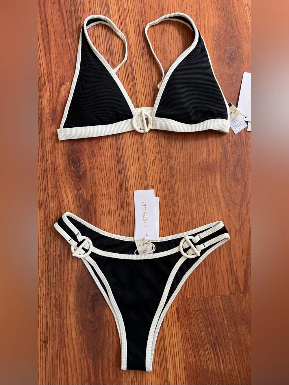 L*SPACE Ribbed Black Cream Bikini Set Ring Detail High Cut Bottom NWT