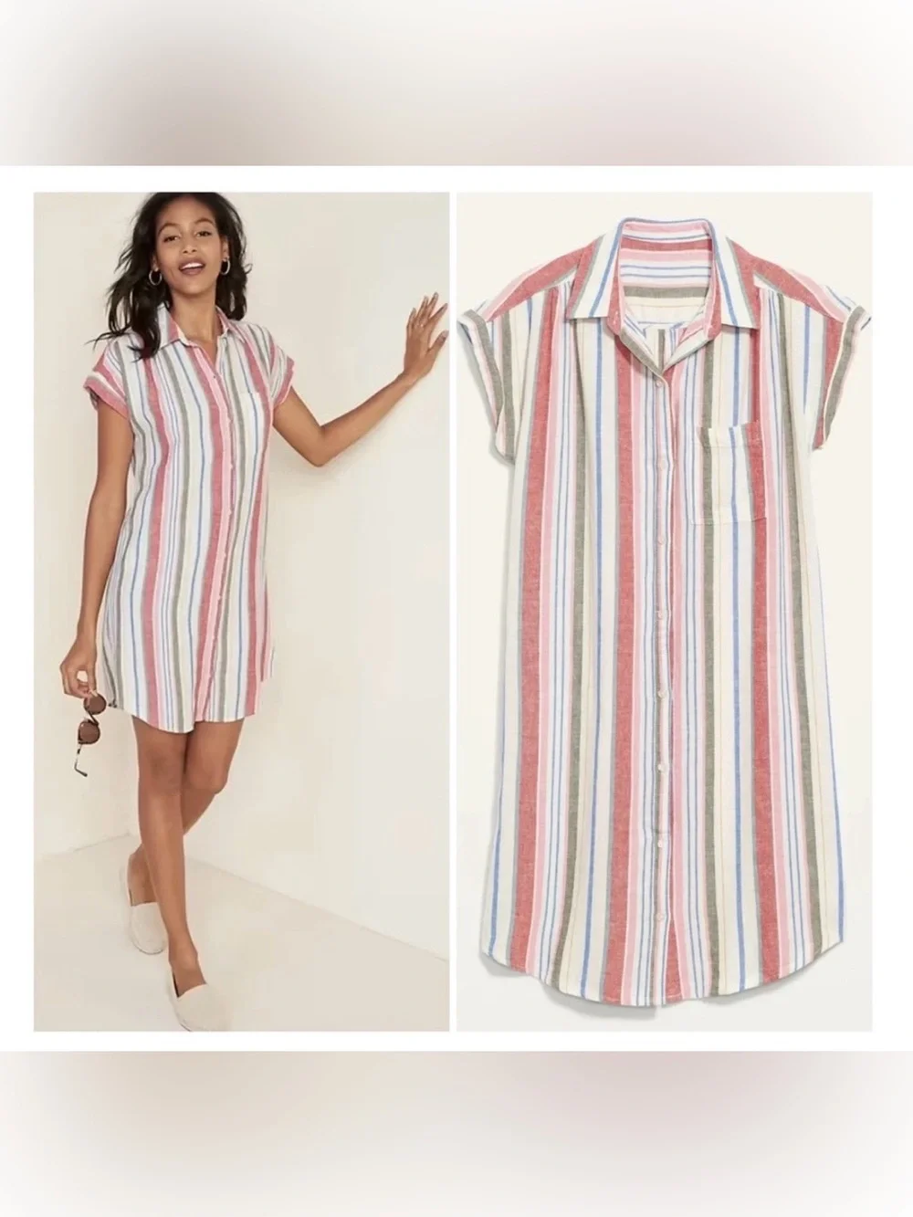 Old Navy Women'S Linen-Blend Striped Shirt Dress in Multicolor Stripe Size L