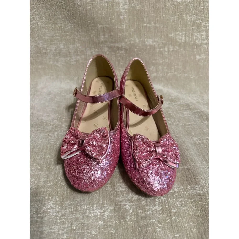 Pandaninja Girls Ruby Glittery Bow Block Heels Mary Jane Dress Shoes Pink Size 5