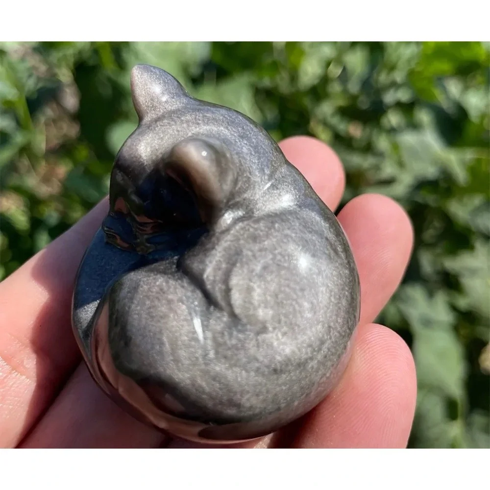 Cat Silver Obsidian Stone Cat hand‎ carved crystal reiki Figure 5.5 cm