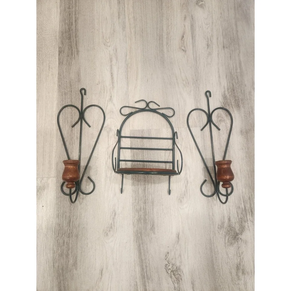 Vintage Home Interiors Shelf Green Wire & Wood & 2 Matching Candle Wall Sconces